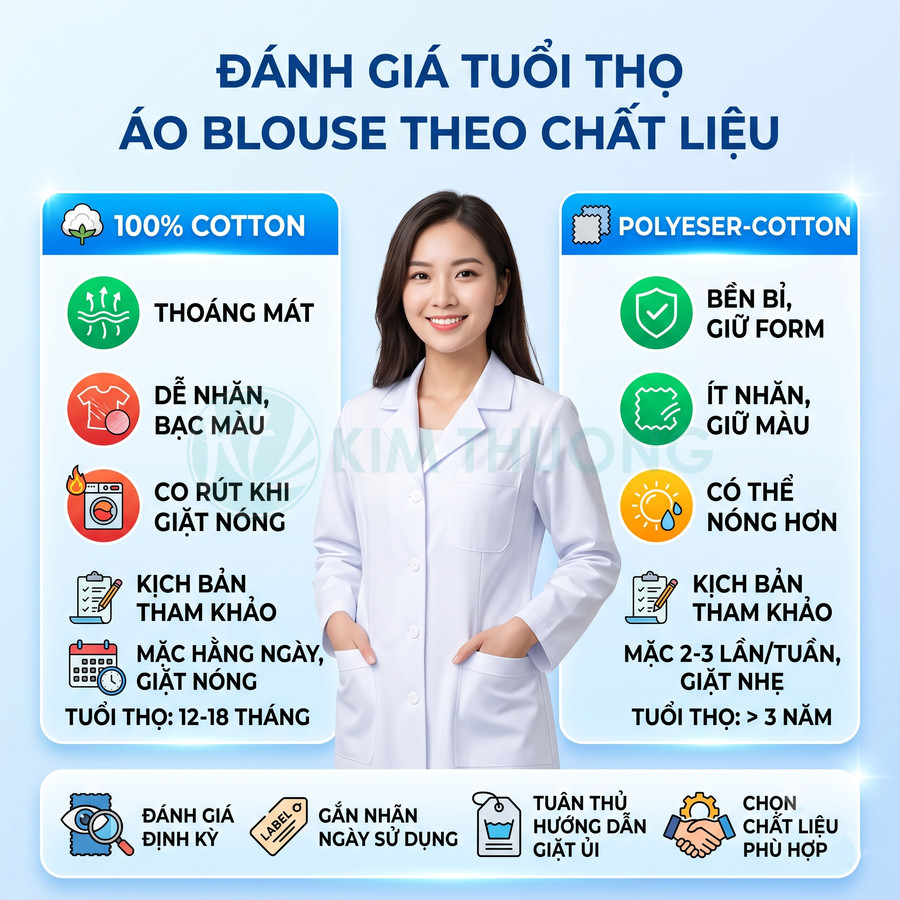 Áo blouse trắng nữ chất liệu cotton và polycotton, so sánh độ bền, thoáng mát và hướng dẫn sử dụng trên nền xanh