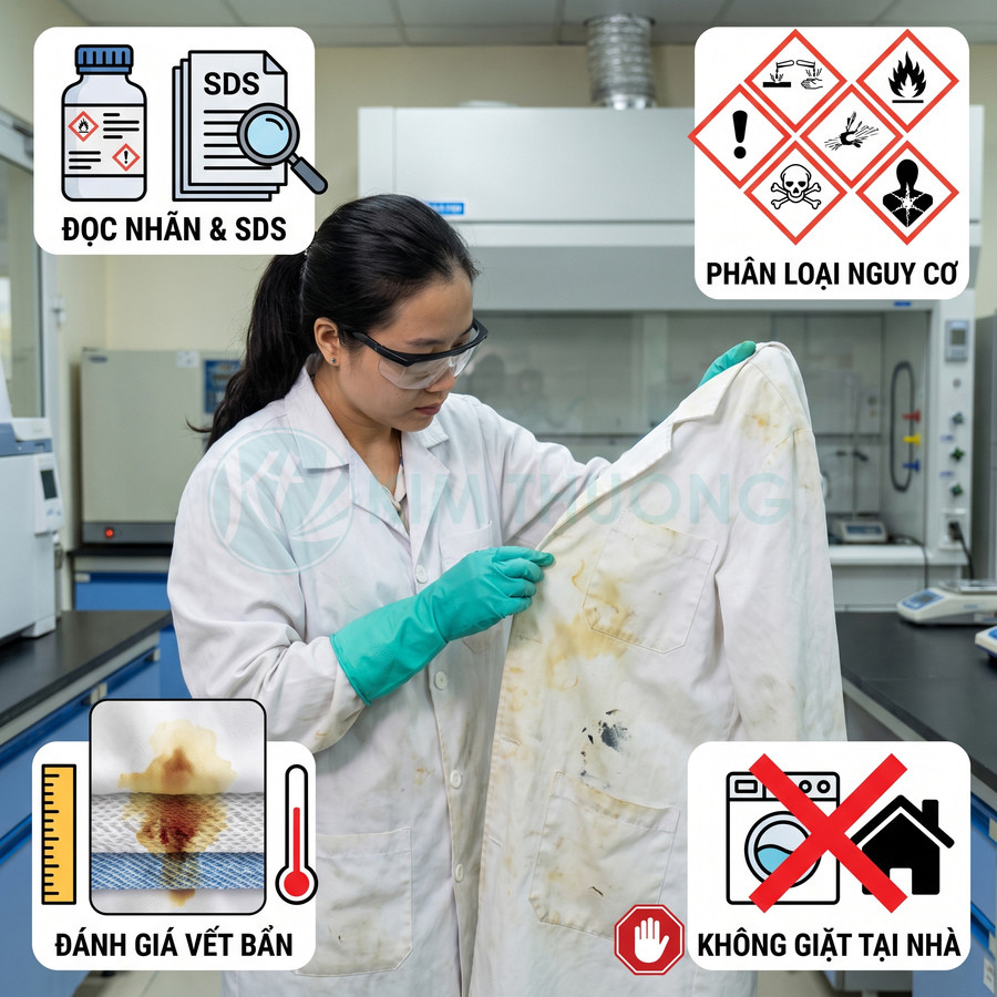 Nhân viên phòng thí nghiệm kiểm tra áo bảo hộ bị dính vết bẩn trước khi xử lý, không giặt tại nhà