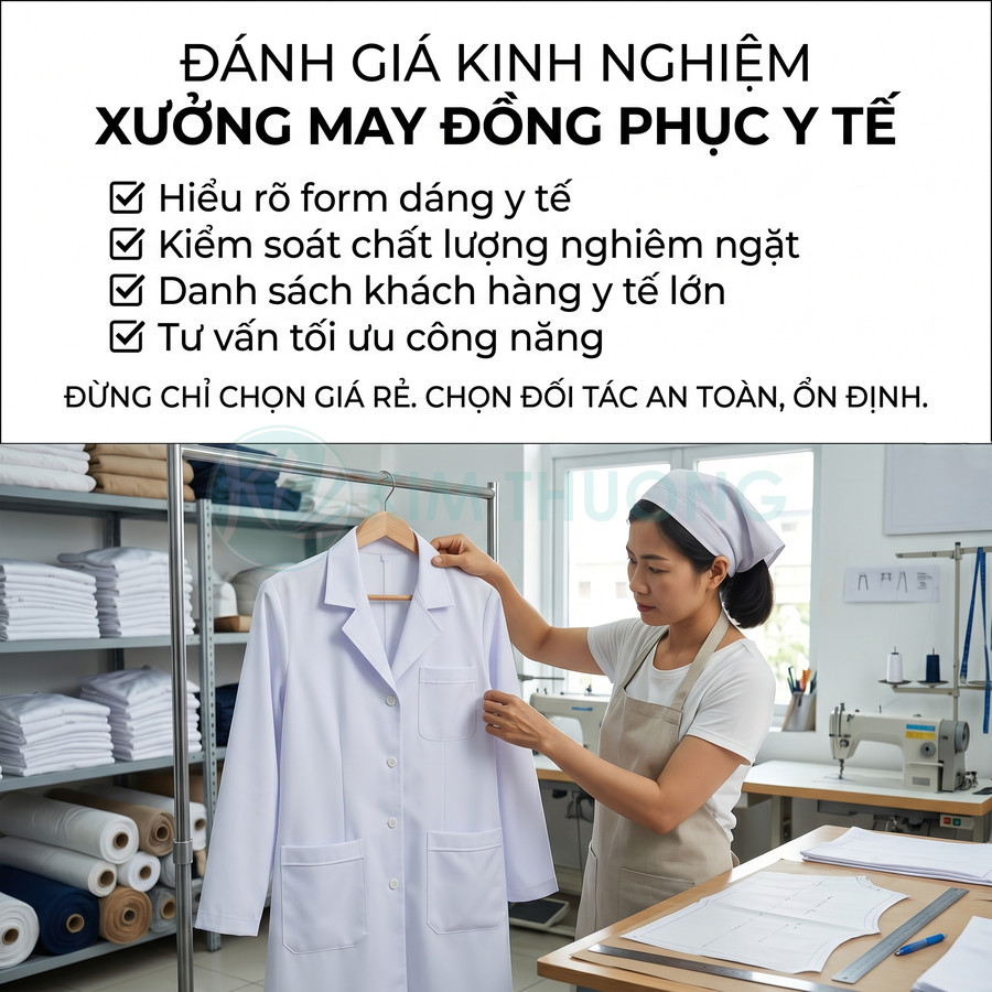 Thợ may kiểm tra áo blouse trắng trong xưởng may đồng phục y tế chuyên nghiệp