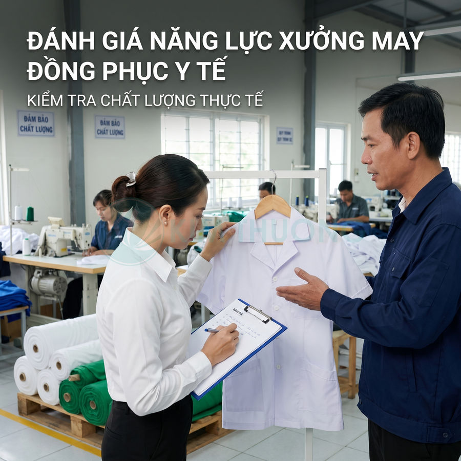 Nhân viên kiểm tra chất lượng áo blouse đồng phục y tế tại xưởng may