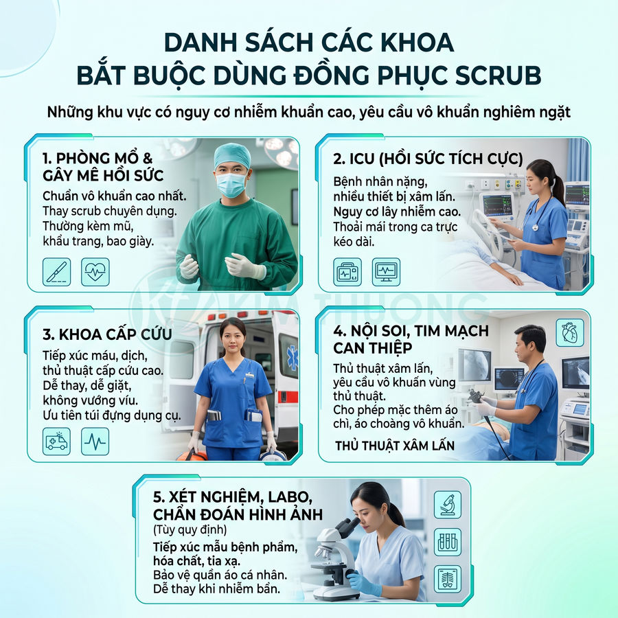 Danh sách các khoa bệnh viện bắt buộc dùng đồng phục scrub cho phẫu thuật, cấp cứu, ICU và xét nghiệm