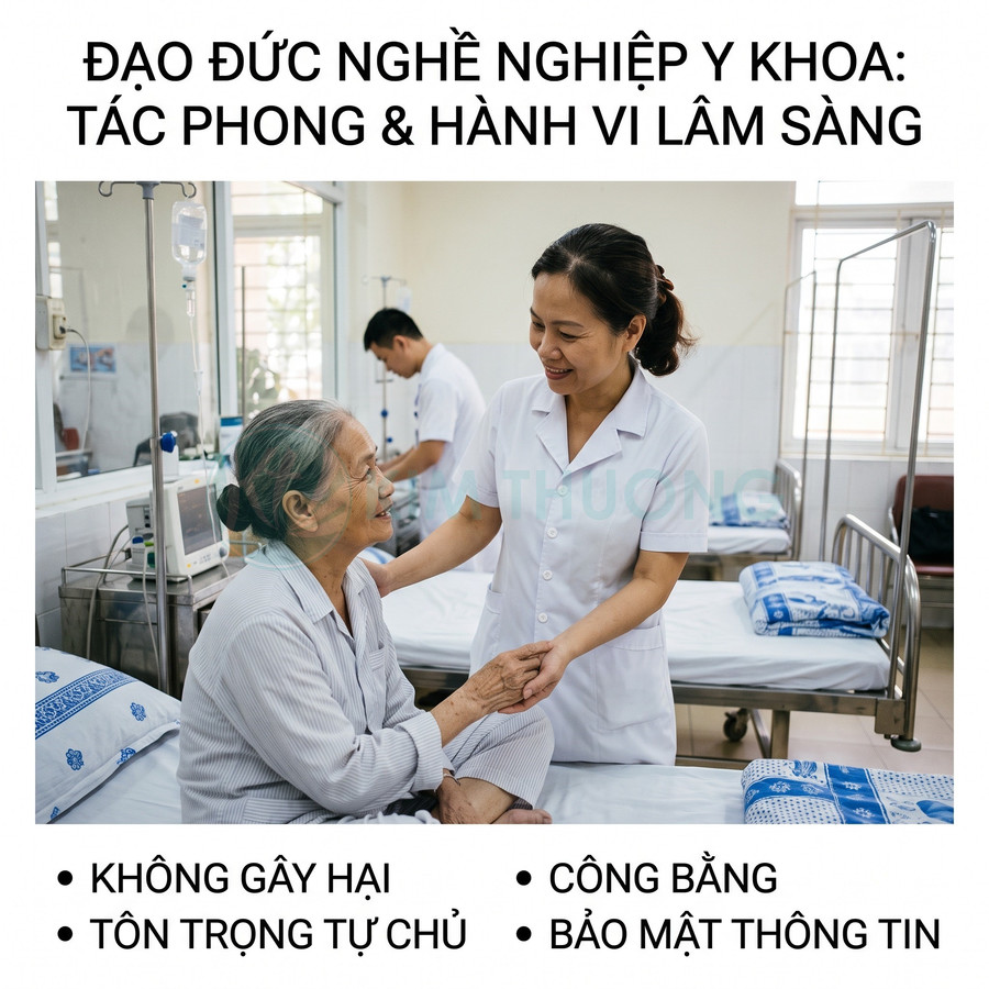 Nữ y tá mỉm cười nắm tay bệnh nhân cao tuổi trên giường bệnh, thể hiện đạo đức và tác phong nghề y