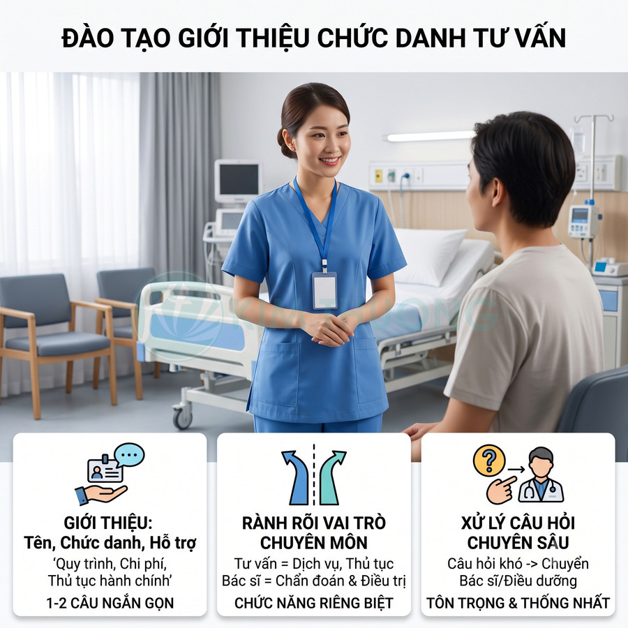 Nhân viên y tế mặc đồng phục xanh tư vấn cho bệnh nhân trong phòng bệnh, nội dung đào tạo giới thiệu chức danh tư vấn