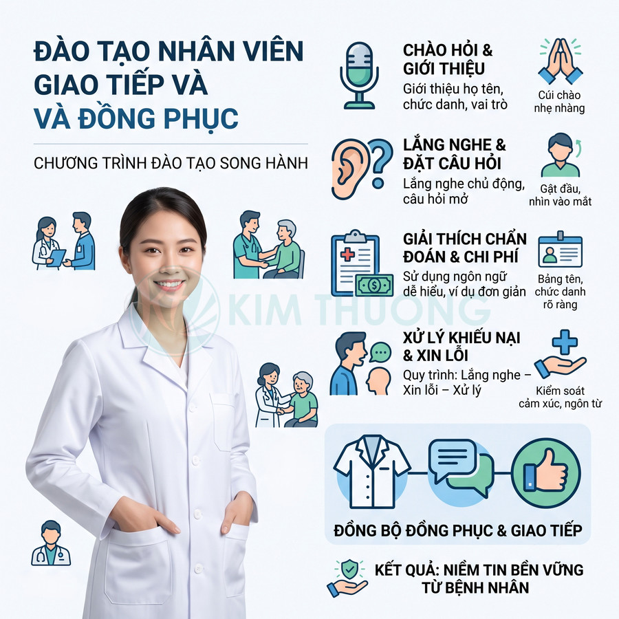 Nữ nhân viên y tế mặc áo blouse trắng đứng trước poster đào tạo giao tiếp và đồng phục Kim Thương
