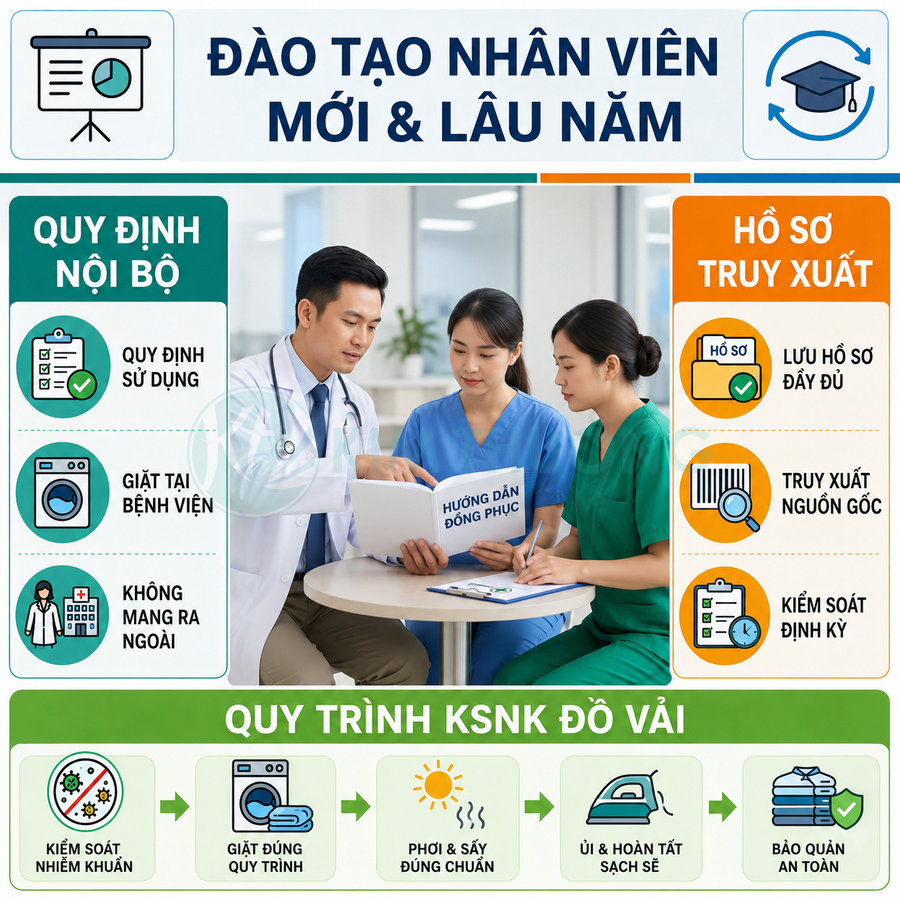 Bác sĩ và hai điều dưỡng xem tài liệu hướng dẫn đồng phục trong chương trình đào tạo nhân viên bệnh viện