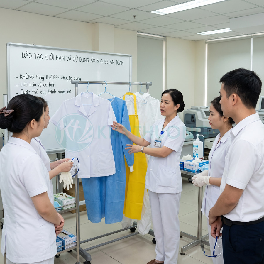Nhân viên y tế được hướng dẫn sử dụng áo blouse và đồ bảo hộ trong phòng đào tạo bệnh viện