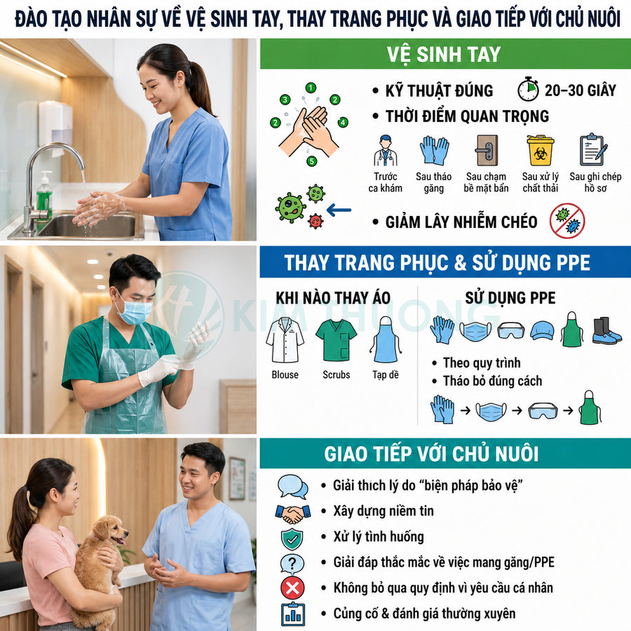 Hướng dẫn vệ sinh tay, thay trang phục và giao tiếp với chủ nuôi cho nhân viên thú y trong phòng khám