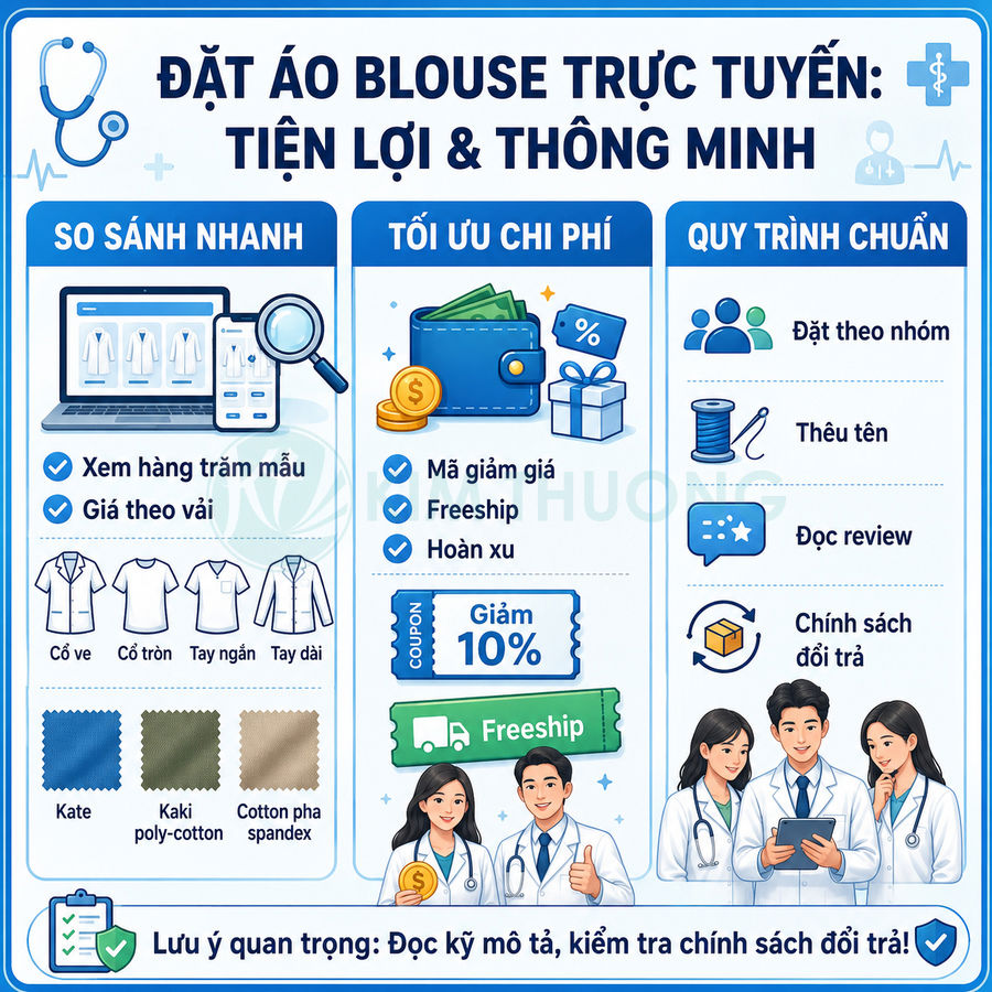 Infographic hướng dẫn đặt mua áo blouse bác sĩ trực tuyến với so sánh mẫu vải, ưu đãi giảm giá và freeship