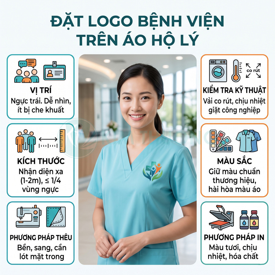 Nữ hộ lý mặc áo đồng phục xanh in logo bệnh viện ở ngực trái, hướng dẫn vị trí và kỹ thuật in thêu logo