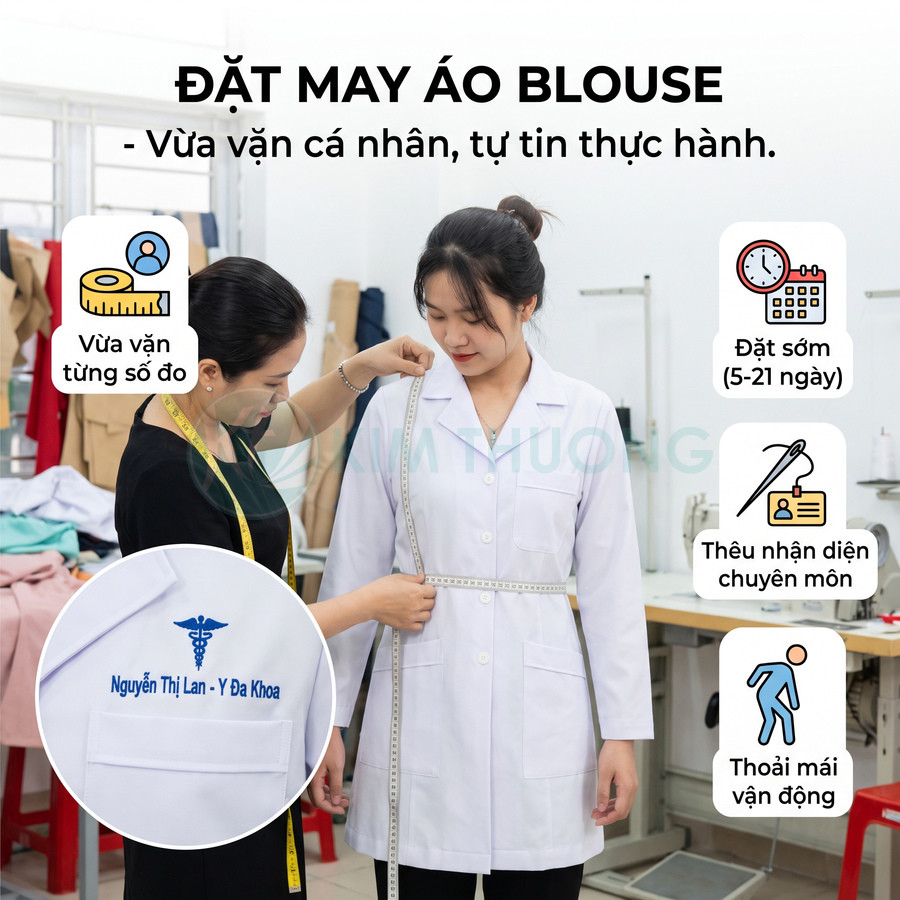 Áo blouse y tế trắng may đo theo số đo, thêu tên và nhận diện chuyên môn เขตวัฒนา
