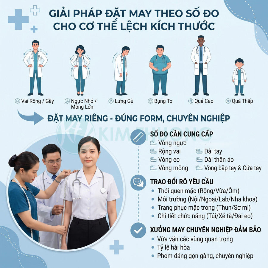 Đặt may đồng phục y tế theo số đo cho nhiều vóc dáng, kèm tư vấn và đo thông số cơ thể chuyên nghiệp