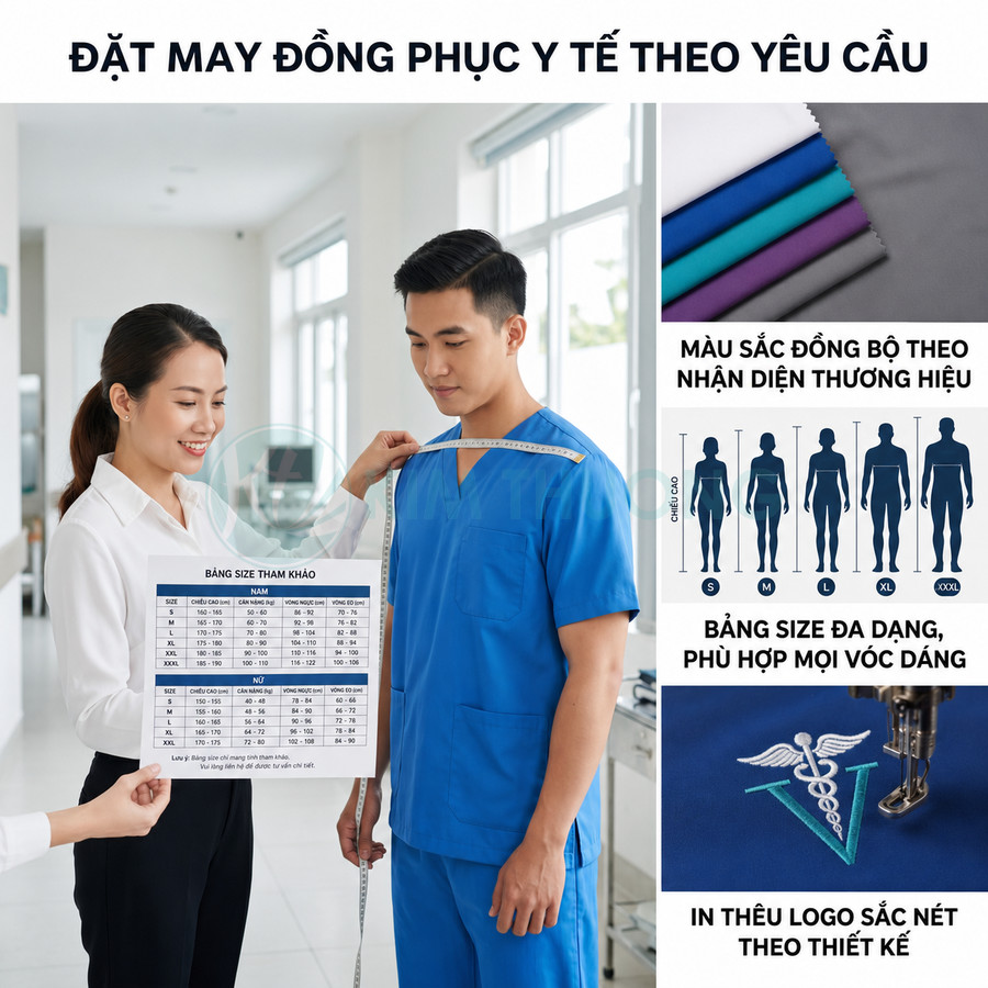 Đặt may đồng phục y tế theo yêu cầu, đo size, chọn màu vải và in thêu logo sắc nét