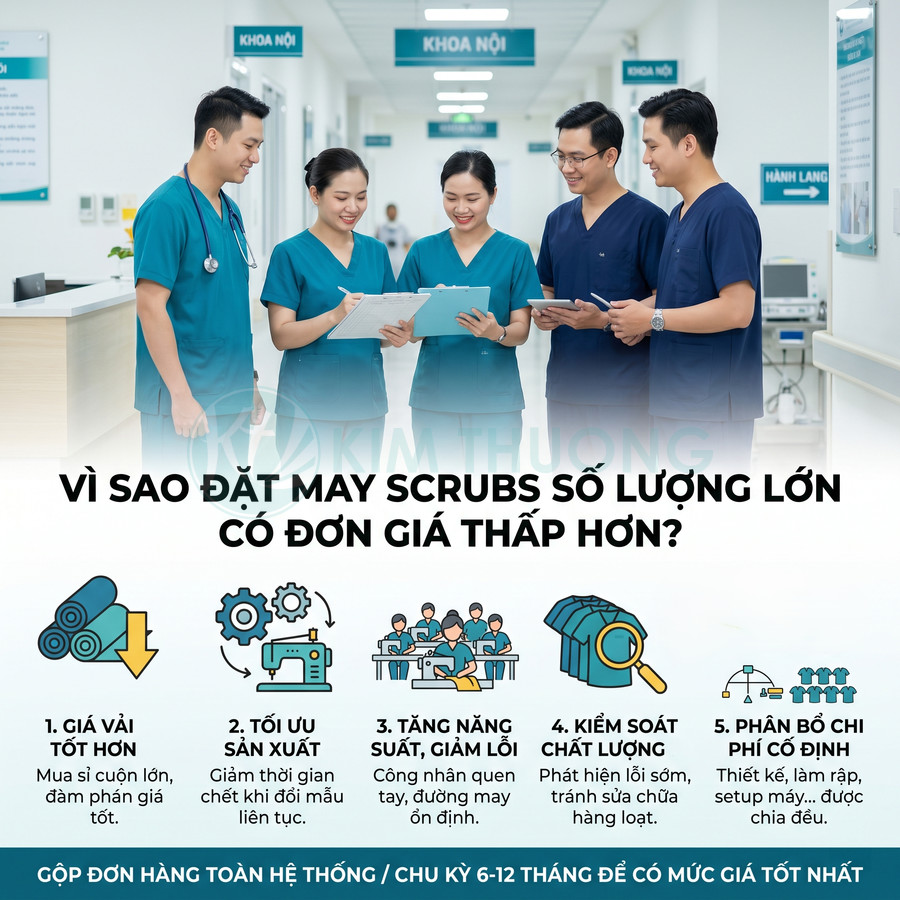 Nhóm bác sĩ y tá mặc đồng phục scrubs xanh dương trao đổi tài liệu trong hành lang bệnh viện