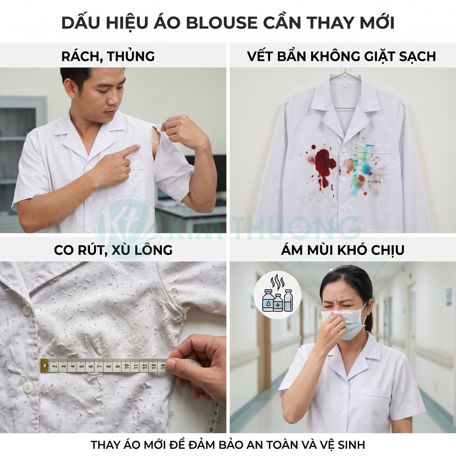 Các dấu hiệu áo blouse bác sĩ cần thay mới như rách, bẩn không giặt sạch, co rút xù lông và ám mùi khó chịu