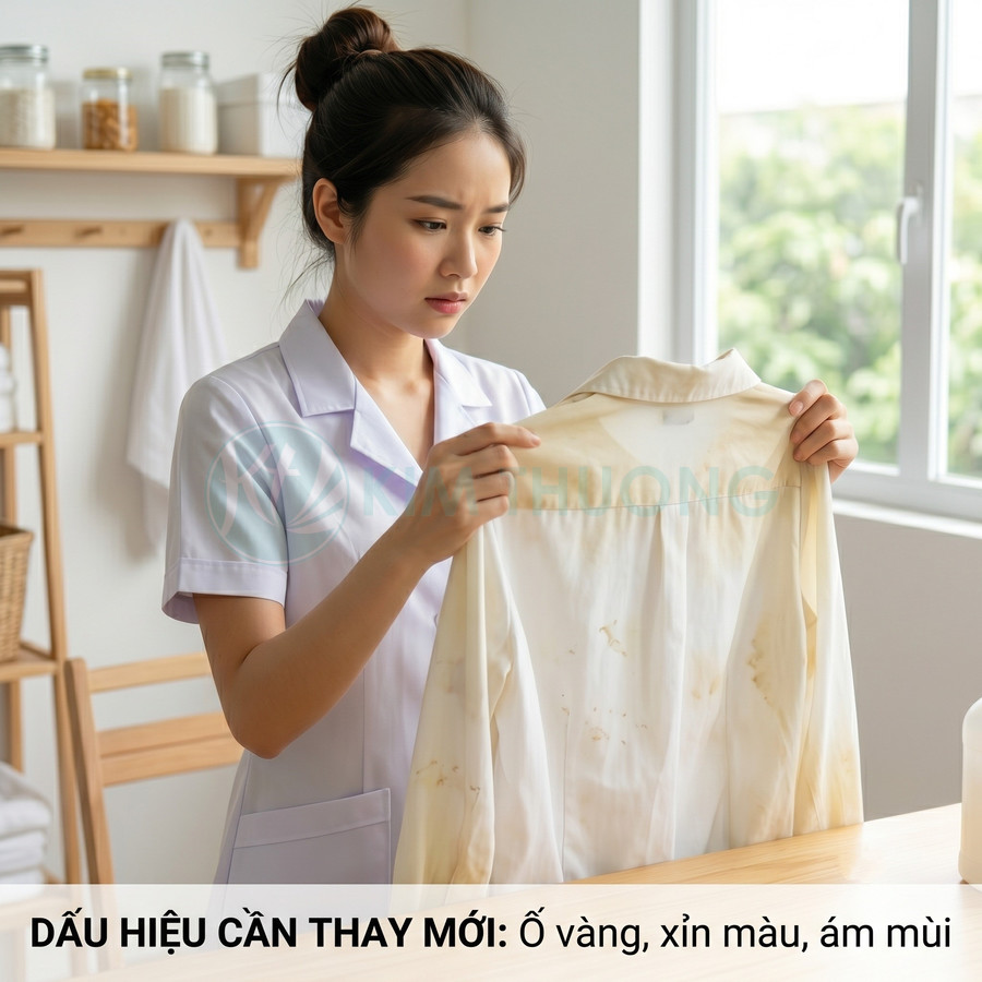 Người phụ nữ cầm áo blouse trắng bị ố vàng và xỉn màu cần thay mới