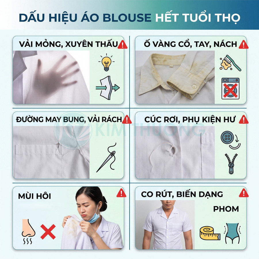 Các dấu hiệu áo blouse bác sĩ cũ hỏng như vải mỏng, ố vàng, bung chỉ, rách, cúc rơi, hôi, co rút biến dạng