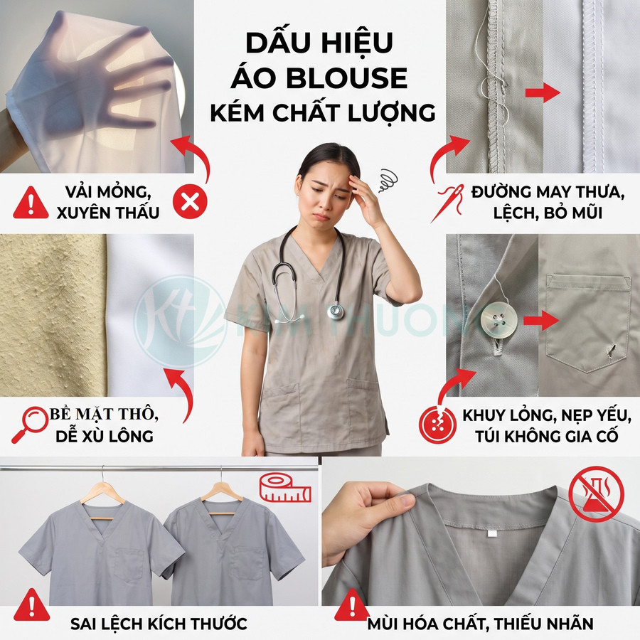 Các dấu hiệu áo blouse kém chất lượng: vải mỏng, đường may lỗi, bề mặt thô, khuy lỏng và sai kích thước