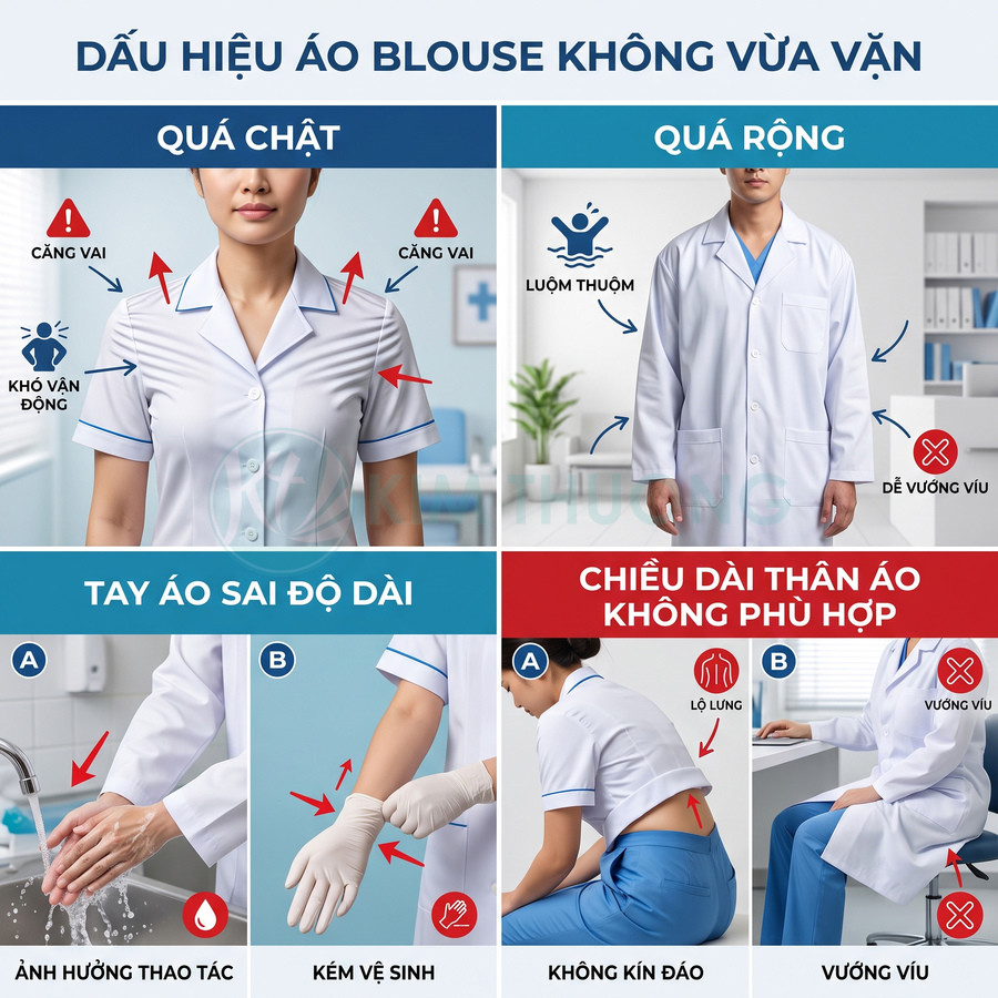 Các lỗi thường gặp khi chọn áo blouse y tế không vừa vặn về độ rộng, tay áo và chiều dài thân áo