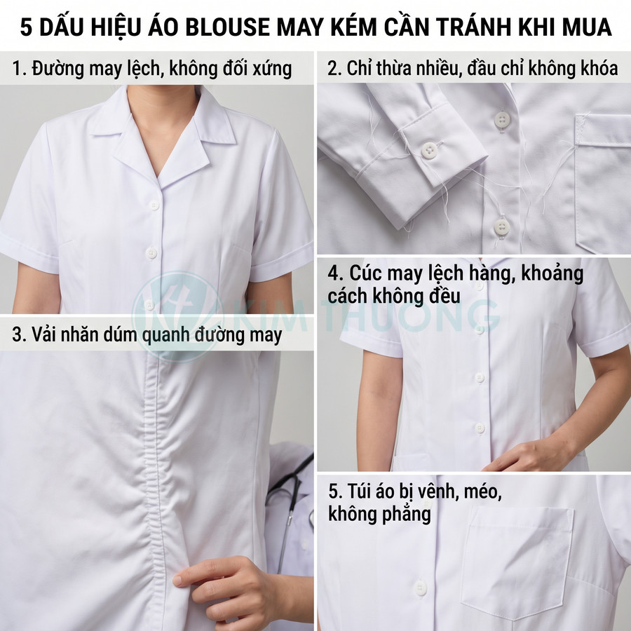 Áo blouse trắng y tế nữ với các lỗi may kém như đường may lệch, chỉ thừa, vải nhăn và túi áo méo