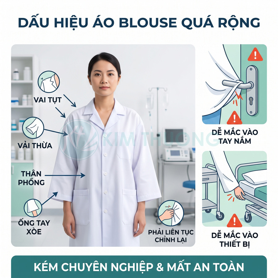 Bác sĩ mặc áo blouse trắng quá rộng với vai tụt, tay áo xòe, thân phồng gây vướng víu khi làm việc