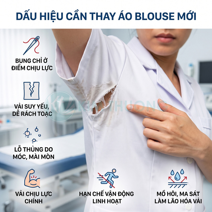 Áo blouse bác sĩ bị rách lớn dưới nách, vải ố bẩn và xuống cấp cần thay mới
