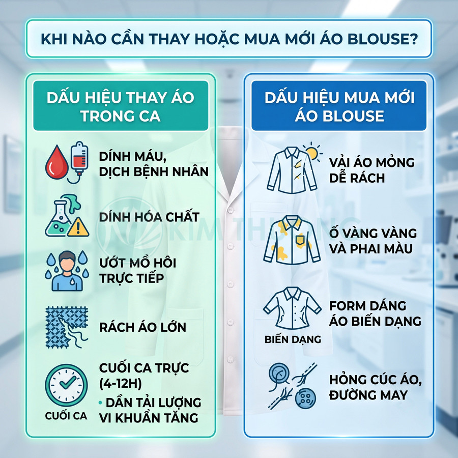 Infographic dấu hiệu cần thay hoặc mua mới áo blouse y tế cho bác sĩ và nhân viên bệnh viện