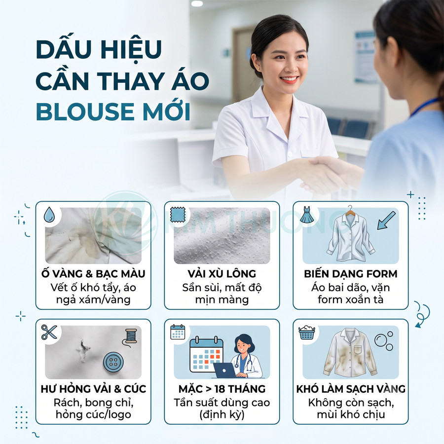 Dấu hiệu cần thay áo blouse mới cho bác sĩ với các lỗi ố vàng, xù lông, biến dạng form, hư hỏng vải và khó làm sạch