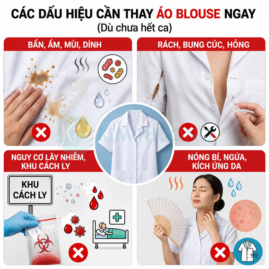 Các dấu hiệu cần thay áo blouse y tế như bẩn ẩm, rách hỏng, nguy cơ lây nhiễm, nóng bí gây kích ứng da