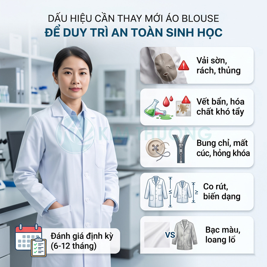 Bác sĩ mặc áo blouse trắng trong phòng thí nghiệm, minh họa các dấu hiệu cần thay mới áo blouse