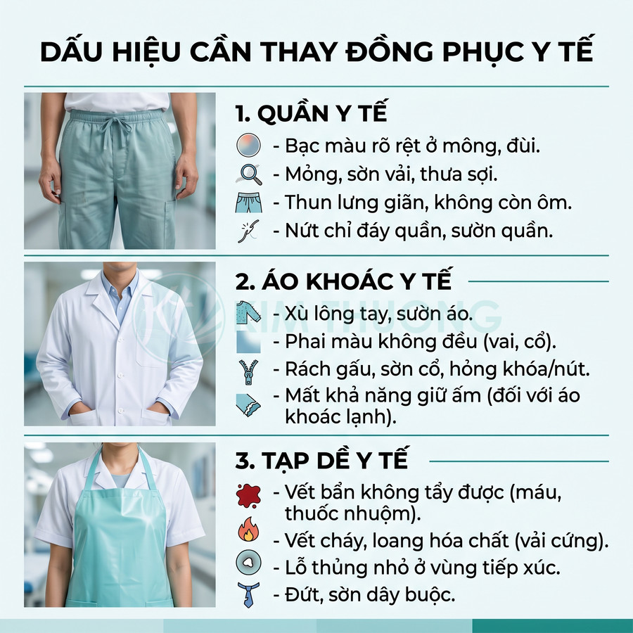 Infographic dấu hiệu cần thay quần áo khoác tạp dề đồng phục y tế khi bạc màu rách bẩn hỏng chi tiết