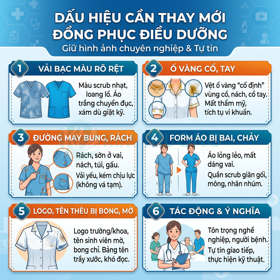 Infographic dấu hiệu cần thay mới đồng phục điều dưỡng với hình minh họa áo scrub, áo blouse và nhân viên y tế