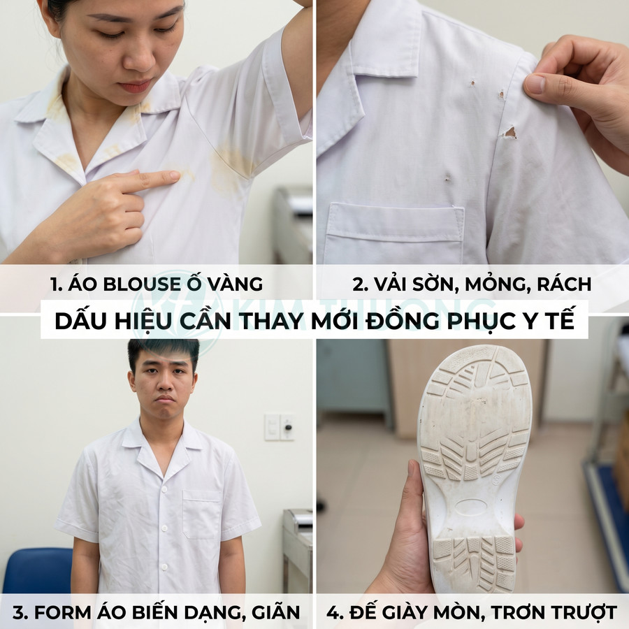 Đồng phục y tế cũ với áo blouse ố vàng, rách, form giãn và đế giày mòn trơn trượt cần thay mới