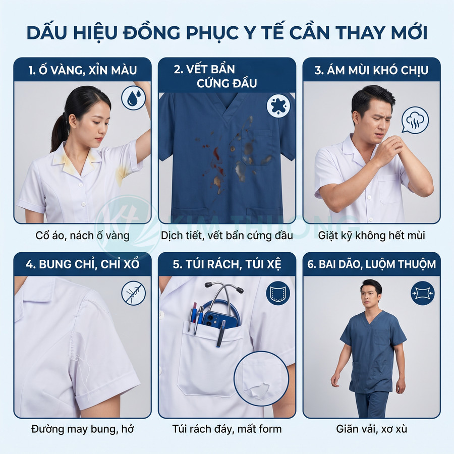 Các dấu hiệu đồng phục y tế cũ cần thay mới như ố vàng, vết bẩn, bung chỉ, túi rách, bai dão