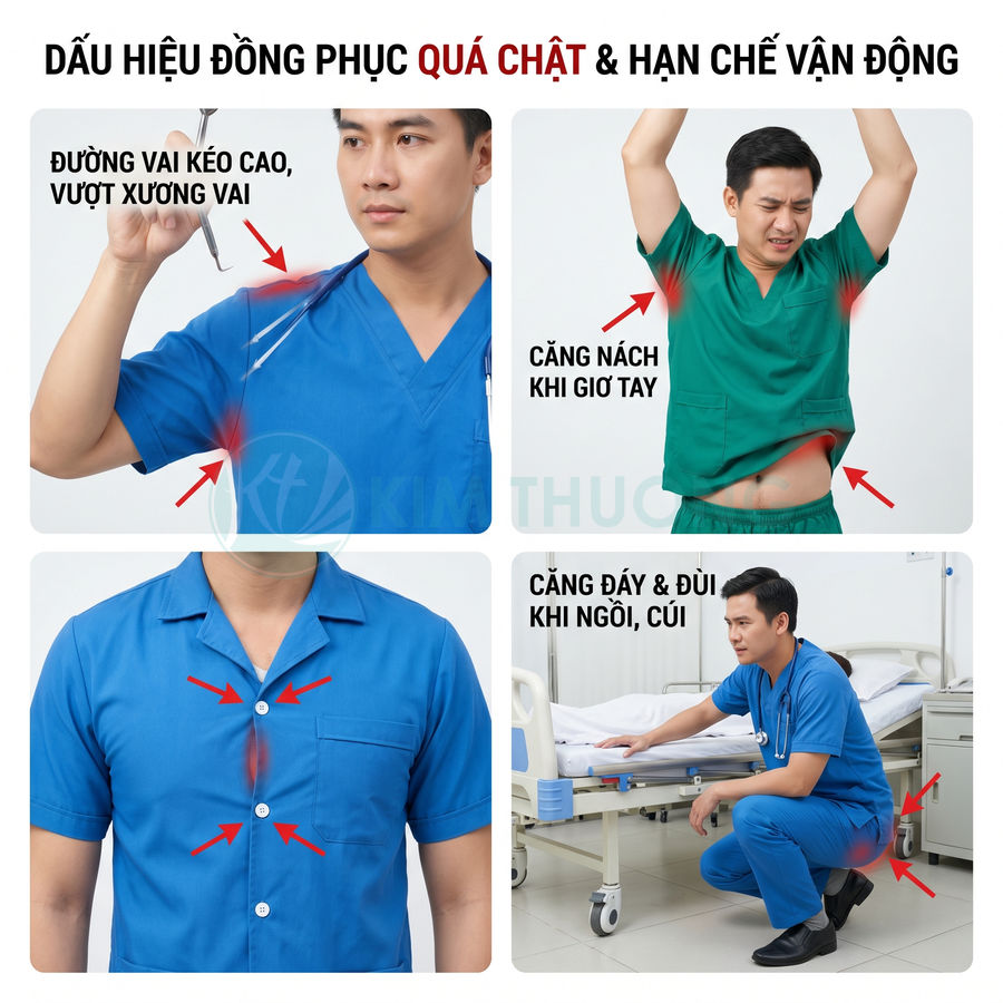 Đồng phục y tá bác sĩ quá chật gây căng vai nách ngực và đùi khi giơ tay ngồi cúi