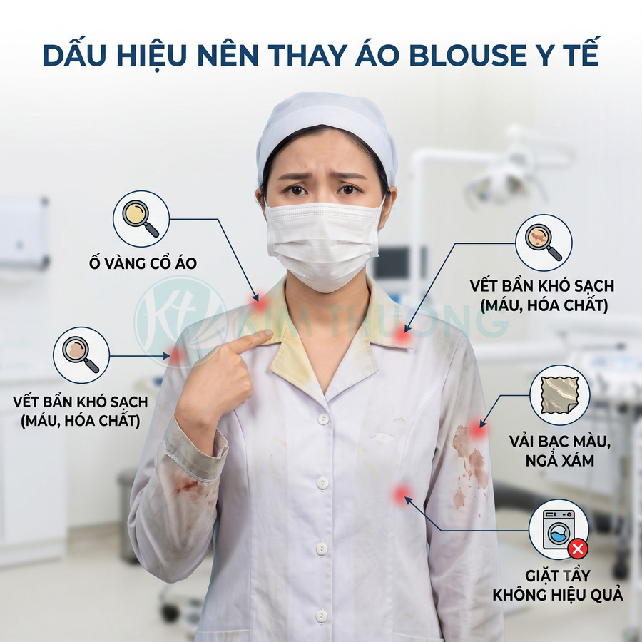 Áo blouse y tế bị ố vàng cổ, dính vết bẩn máu hóa chất, vải bạc màu và giặt tẩy không sạch trên người nữ nhân viên y tế