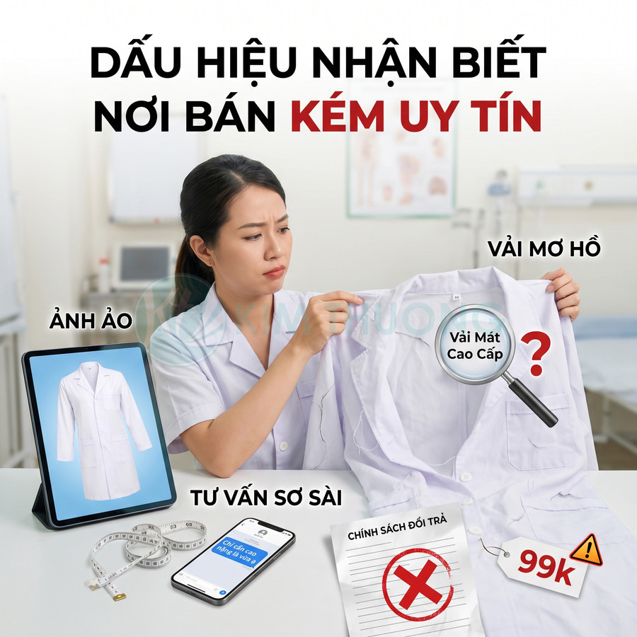 Áo blouse trắng với dấu hiệu nơi bán kém uy tín như ảnh ảo, vải không rõ chất lượng và giá chỉ 99k
