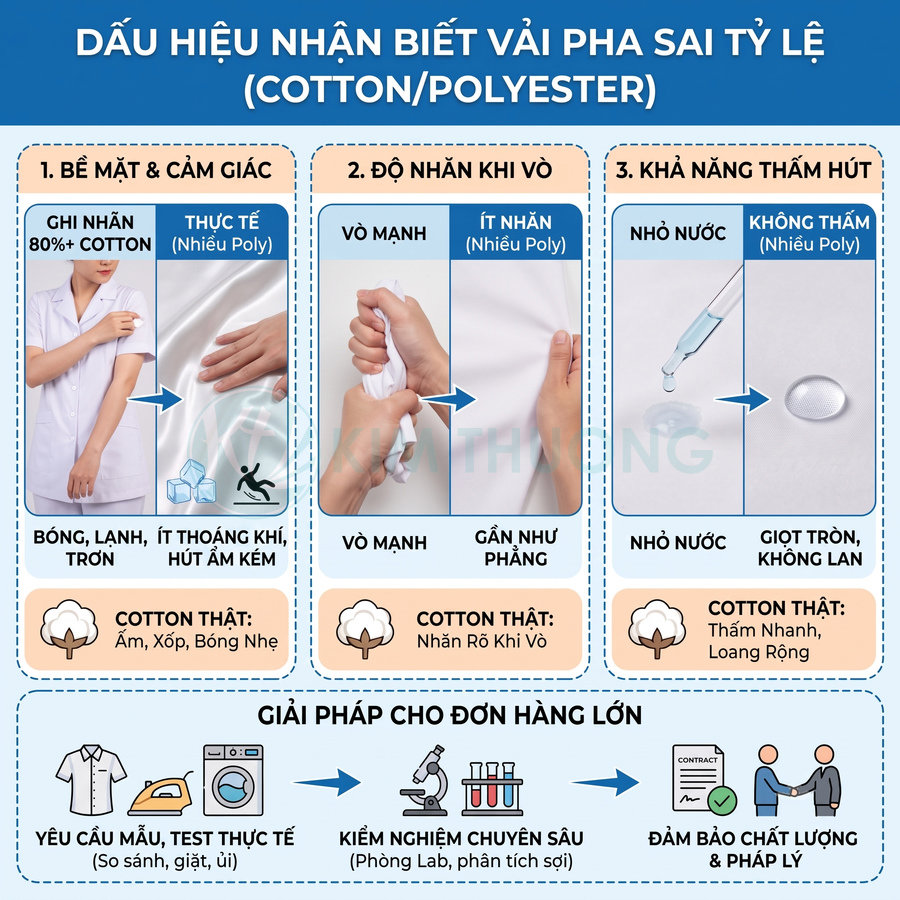 Infographic so sánh vải cotton thật và vải pha polyester qua độ bóng, độ nhăn, khả năng thấm hút và kiểm nghiệm chất lượng