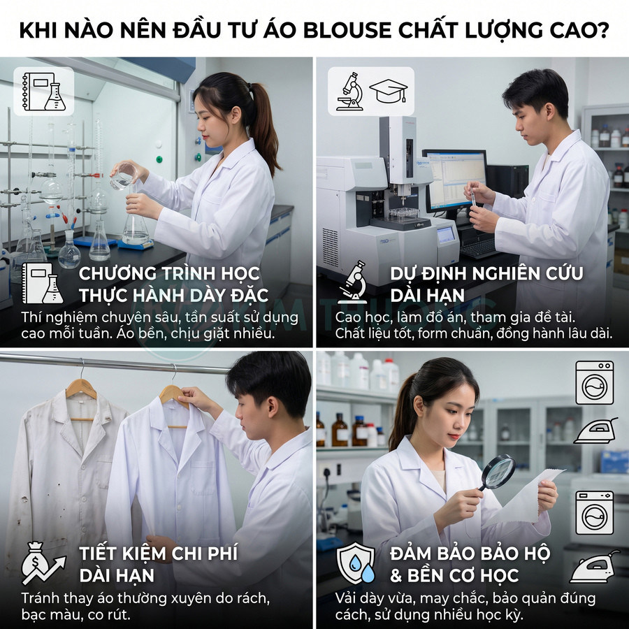 Áo blouse phòng thí nghiệm bền chắc dành cho sinh viên học thực hành và nghiên cứu dài hạn