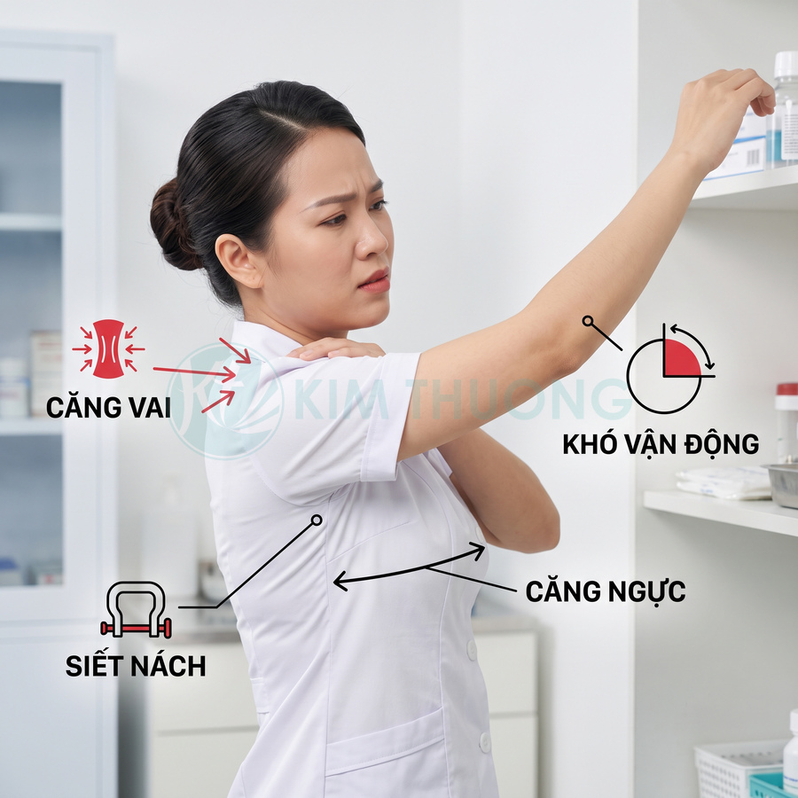 Nữ nhân viên y tế mặc áo blouse trắng bị căng vai, siết nách và khó vận động khi giơ tay lên