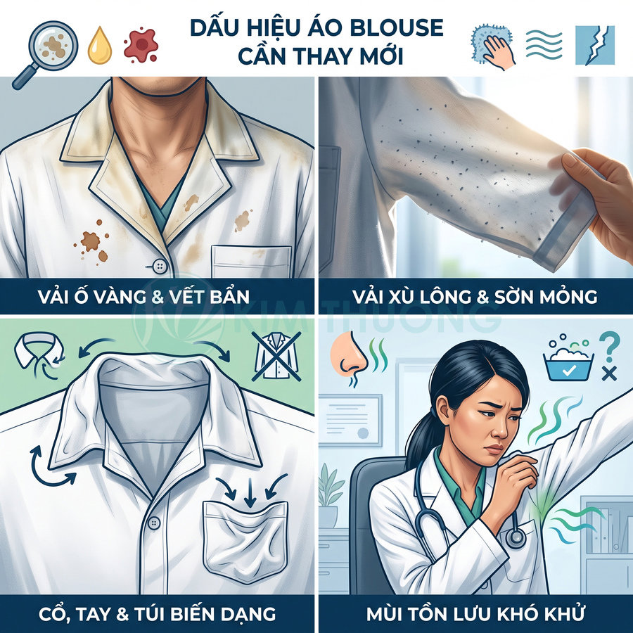Các dấu hiệu áo blouse bác sĩ cũ cần thay mới như ố vàng, xù lông, biến dạng cổ tay túi và mùi hôi khó khử