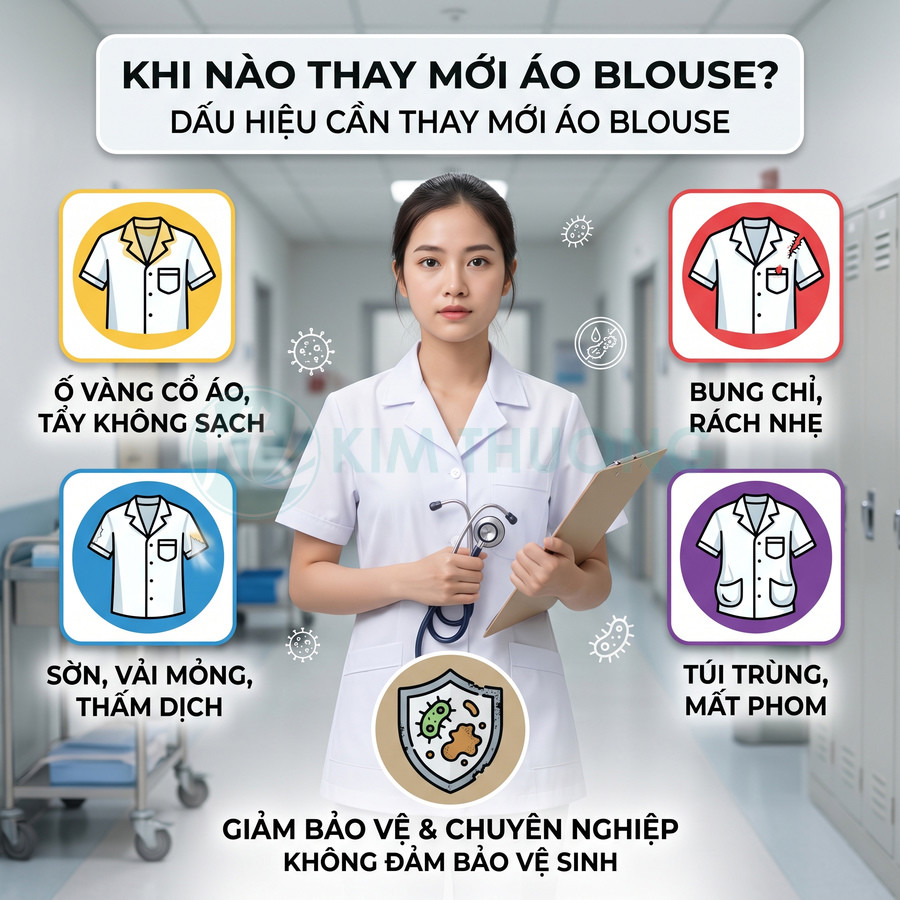Nữ bác sĩ mặc áo blouse trắng cầm hồ sơ, minh họa các dấu hiệu cần thay mới áo blouse y tế