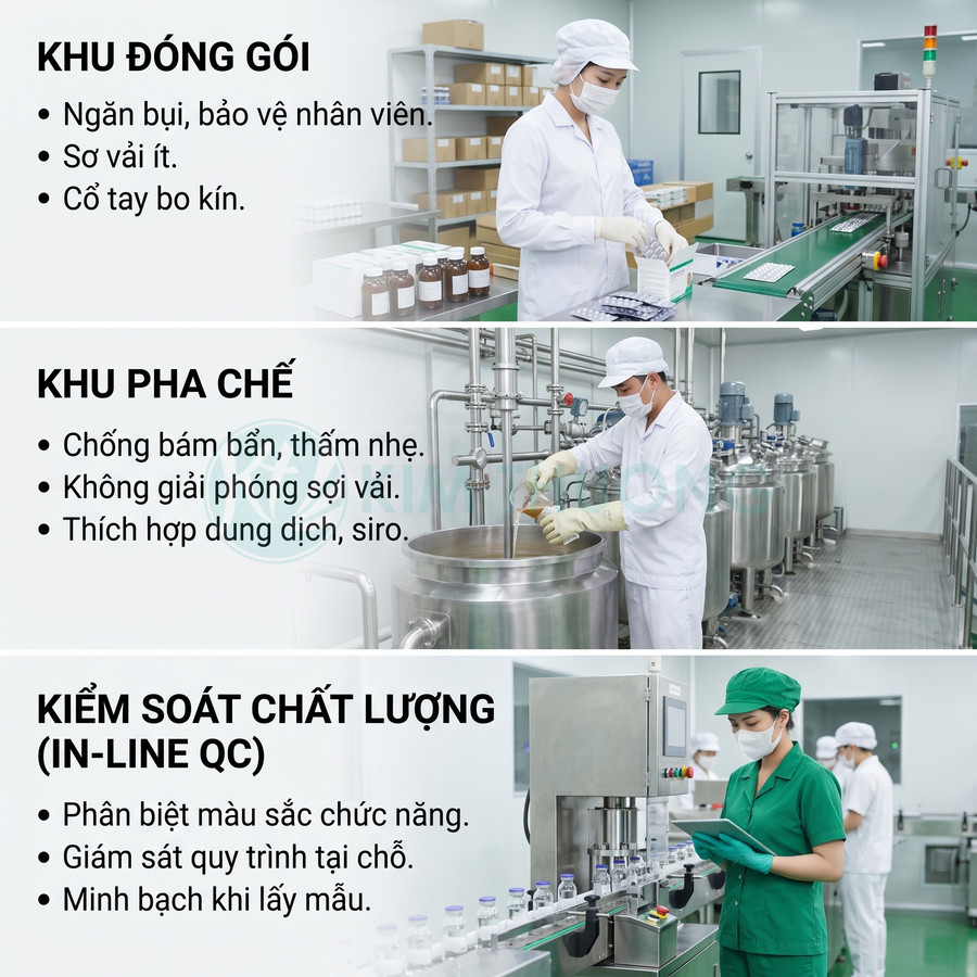 Nhân viên nhà máy dược mặc đồ bảo hộ làm việc tại khu đóng gói, pha chế và kiểm soát chất lượng sản phẩm