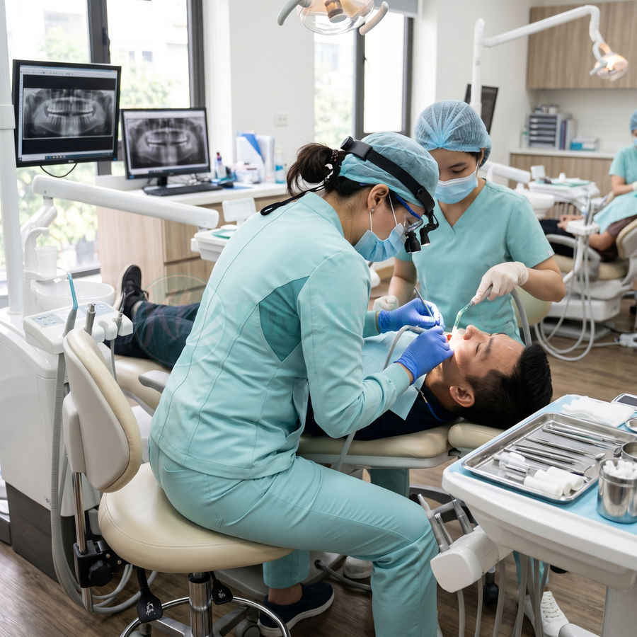 Bác sĩ nha khoa sử dụng bộ dụng cụ nha khoa hiện đại điều trị răng cho bệnh nhân trên ghế nha khoa