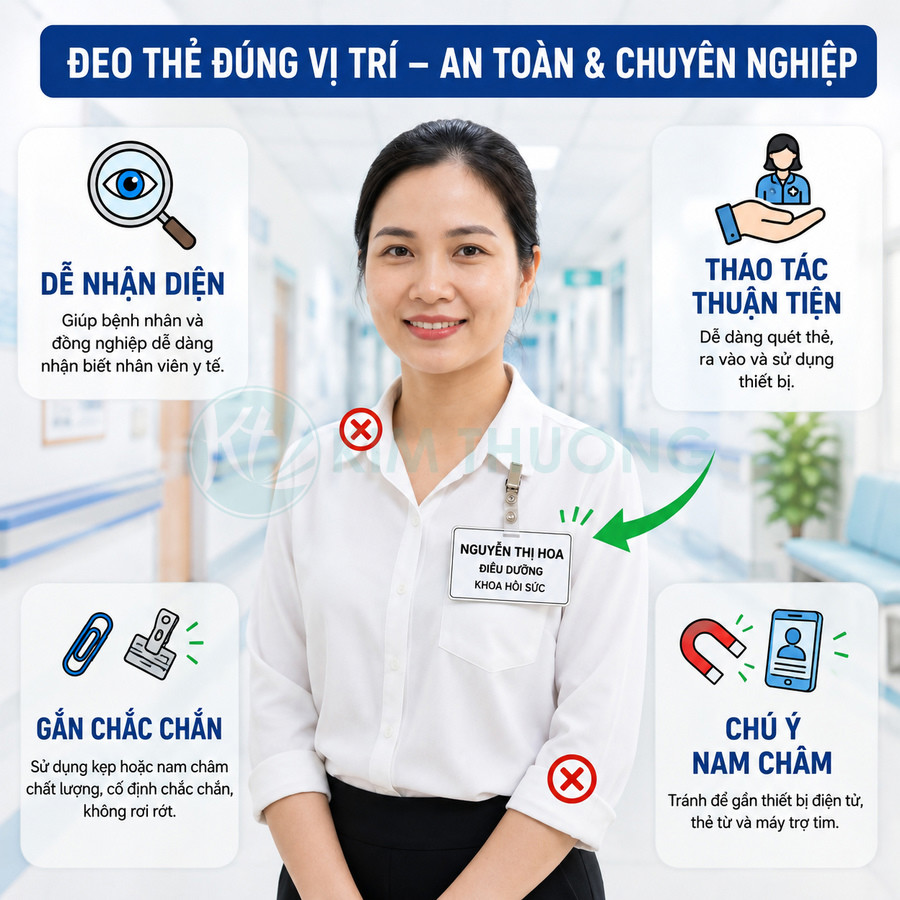 Điều dưỡng mặc áo trắng đeo bảng tên Nguyễn Thị Hoa đúng vị trí trên ngực trong bệnh viện