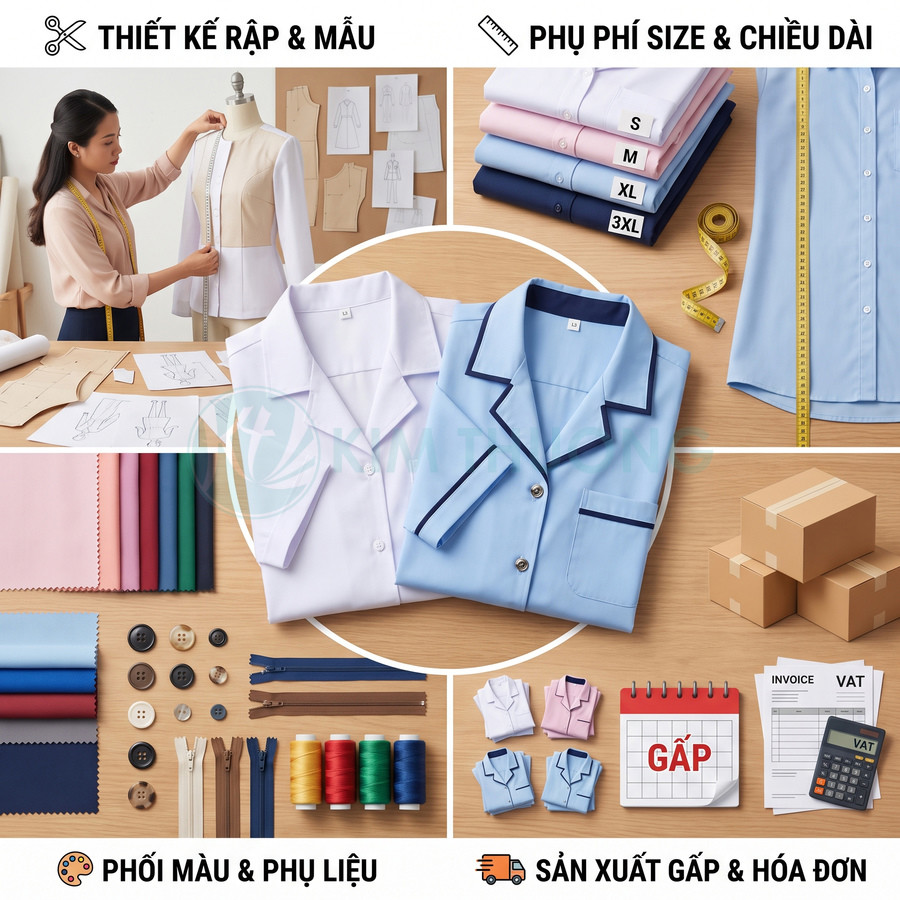 Dịch vụ may áo sơ mi theo yêu cầu với thiết kế rập, chọn size và màu vải, sản xuất gấp và xuất hóa đơn.