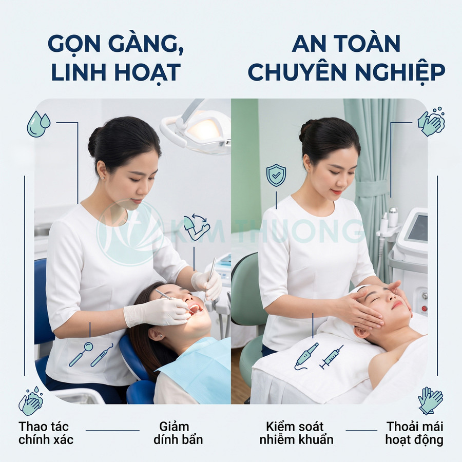 Nhân viên y tế đeo găng tay thực hiện chăm sóc răng miệng và massage da mặt cho khách hàng trong phòng khám sạch sẽ
