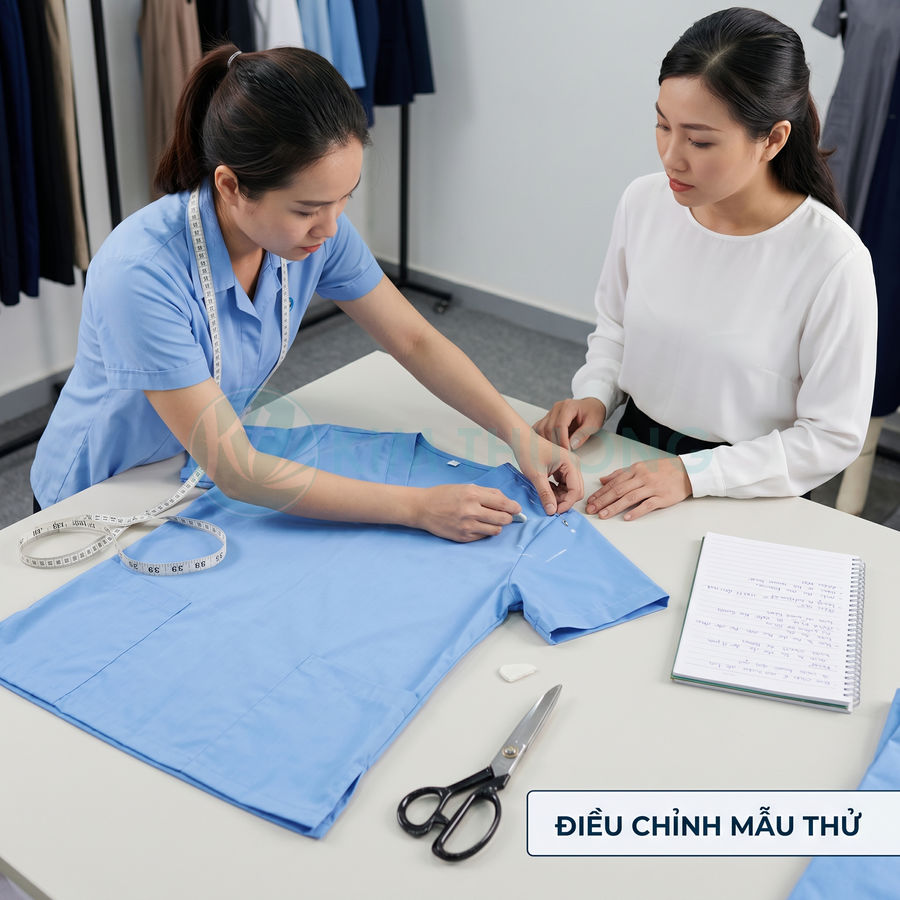 Nhân viên may đo điều chỉnh áo đồng phục y tế màu xanh trên bàn với thước dây và kéo