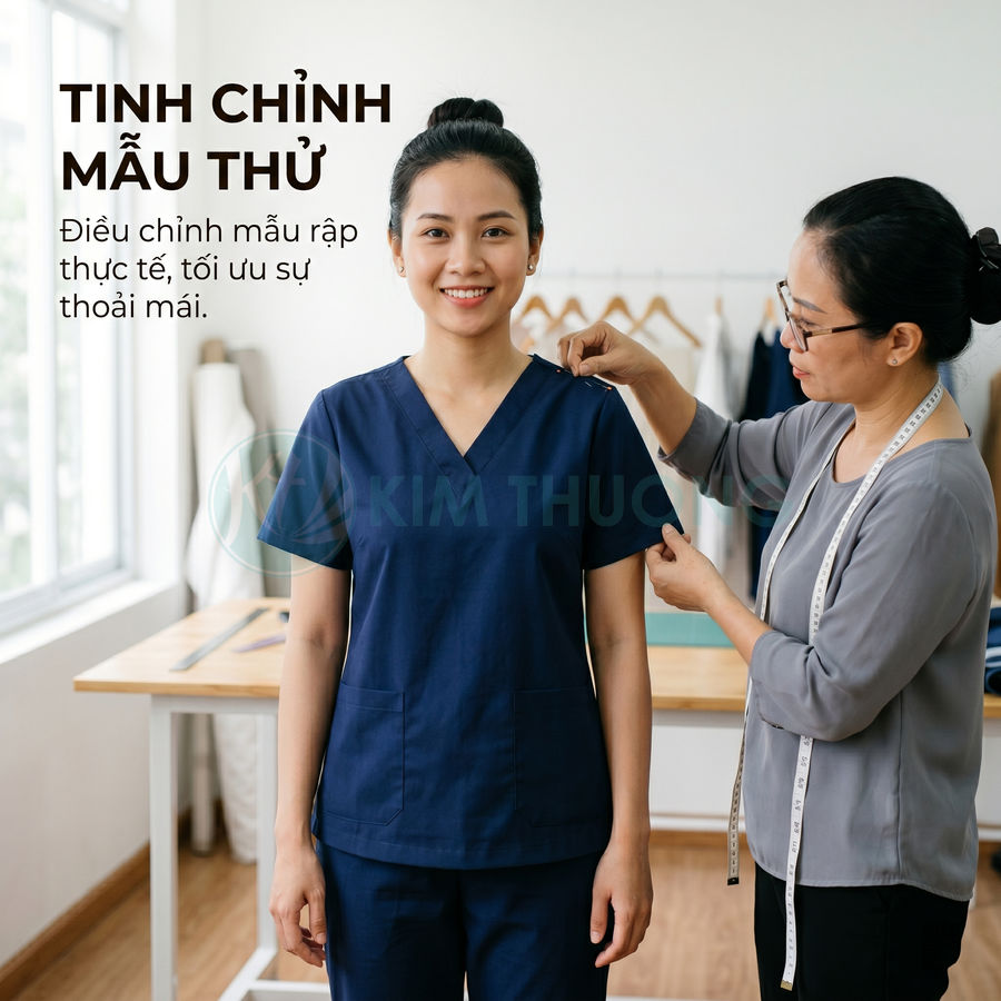 Thợ may chỉnh sửa bộ đồng phục y tá màu xanh navy trên người mẫu nữ trong xưởng may