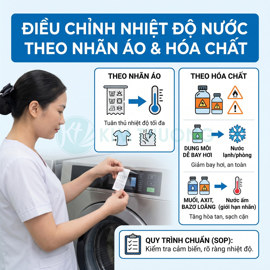 Nhân viên kiểm tra nhãn áo và điều chỉnh nhiệt độ nước trên máy giặt theo loại hóa chất sử dụng