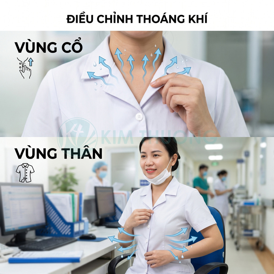 Đồng phục y tá trắng điều chỉnh cổ áo và thân áo giúp thoáng khí khi làm việc trong bệnh viện